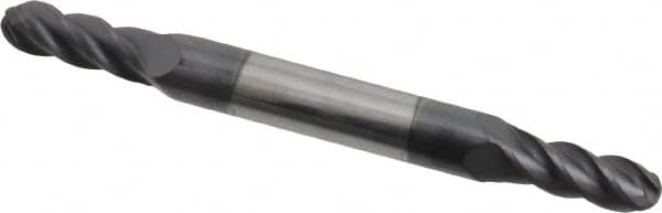 Accupro - 13/64" Diam, 1/2" LOC, 4 Flute Solid Carbide Ball End Mill - AlTiN Finish, Double End, 2-1/2" OAL, 1/4" Shank Diam, Spiral Flute - Benchmark Tooling