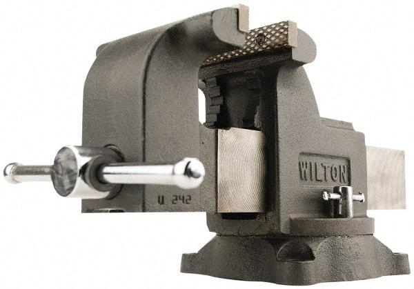 Wilton - 5" Jaw Width x 5" Jaw Opening Capacity, 3" Throat Depth, Bench & Pipe Combination Vise - 5/8 to 2-3/8" Pipe Capacity, Swivel Base, Bolt Down Attachment, Ductile Iron - Benchmark Tooling