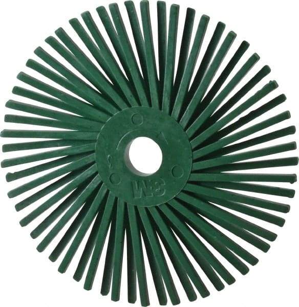 3M - 3" Diam, 3/8" Max Face Width, Plain Hole Radial Bristle Brush - 50 Grit, Coarse Grade, 25,000 Max RPM, Green - Benchmark Tooling