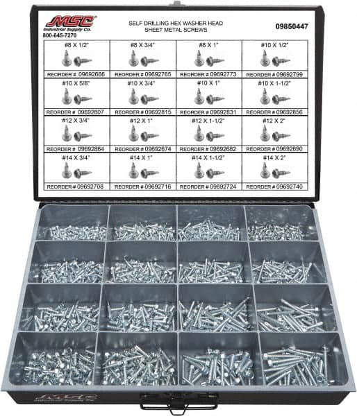 Value Collection - 1,025 Piece, #8x3/4 to 1/4x2, Steel Sheet Metal Screw Assortment - Hex Washer Head, Hex Drive, 1/2 to 2" Long, Zinc-Plated Finish - Benchmark Tooling