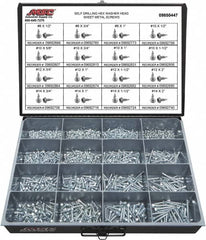 Value Collection - 1,025 Piece, #8x3/4 to 1/4x2, Steel Sheet Metal Screw Assortment - Hex Washer Head, Hex Drive, 1/2 to 2" Long, Zinc-Plated Finish - Benchmark Tooling