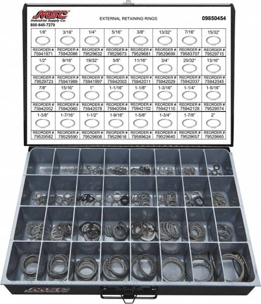 Value Collection - 665 Piece, 1/8 to 2", SpRing Assortment Steel, Snap External Retaining Ring Assortment - Includes Compartmented Case - Benchmark Tooling