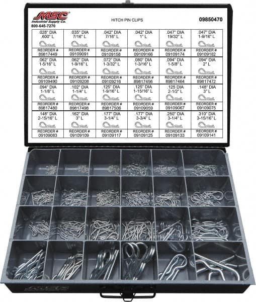 Value Collection - 359 Piece, 1/8 to 1" Pin Diam, Hitch Pin Assortment - 1/16 to 7/8" Long, Spring Wire, Zinc Plated - Benchmark Tooling