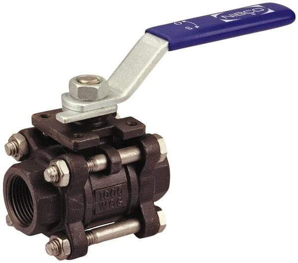 NIBCO - 3/8" Pipe, Full Port, Carbon Steel Standard Ball Valve - 3 Piece, Inline - One Way Flow, FNPT x FNPT Ends, Locking Lever Handle, 1,000 WOG - Benchmark Tooling