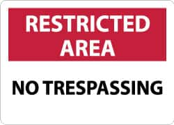 NMC - "Restricted Area - No Trespassing", 10" Long x 14" Wide, Aluminum Safety Sign - Rectangle, 0.04" Thick, Use for Security & Admittance - Benchmark Tooling