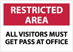 NMC - "Restricted Area - All Visitors Must Get Pass at Office", 10" Long x 14" Wide, Aluminum Safety Sign - Rectangle, 0.04" Thick, Use for Security & Admittance - Benchmark Tooling