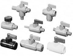 Specialty Mfr - 3/8" Pipe, PVC Standard Ball Valve - Three Way, Barbed x Barbed x Barbed Ends, Wedge Handle, 125 WOG - Benchmark Tooling