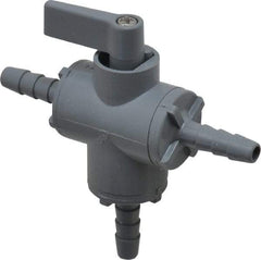 Specialty Mfr - 1/4" Pipe, PVC Standard Ball Valve - Three Way, Barbed x Barbed x Barbed Ends, Wedge Handle, 125 WOG - Benchmark Tooling