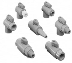 Specialty Mfr - 1/4 x 3/8" Pipe, PVC Standard Ball Valve - Right Angle, MNPT x Push-to-Connect Ends, Wedge Handle, 125 WOG - Benchmark Tooling