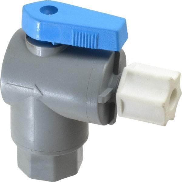 Specialty Mfr - 1/4" Pipe, PVC Standard Ball Valve - Right Angle, FNPT x Compression Ends, Wedge Handle, 125 WOG - Benchmark Tooling