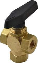 Specialty Mfr - 1/4" Pipe, Brass Standard Ball Valve - Three Way, FNPT x FNPT x FNPT Ends, Wedge Handle, 400 WOG - Benchmark Tooling