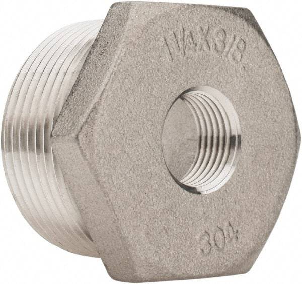 Merit Brass - 1-1/4 x 3/8" Grade 304 Stainless Steel Pipe Hex Bushing - MNPT x FNPT End Connections, 150 psi - Benchmark Tooling