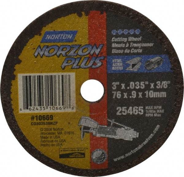 Norton - 3" Ceramic Cutoff Wheel - 0.035" Thick, 3/8" Arbor, 25,465 Max RPM, Use with Die Grinders - Benchmark Tooling