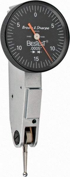 TESA Brown & Sharpe - 0.03 Inch Range, 0.0005 Inch Dial Graduation, Horizontal Dial Test Indicator - 1 Inch Black Dial, 0-15-0 Dial Reading - Benchmark Tooling