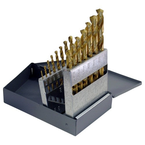 ‎1/16-1/2 RHS / RHC HSS 135 Degree Split Point Heavy Duty Jobber Length Drill Set - TiN - Exact Industrial Supply