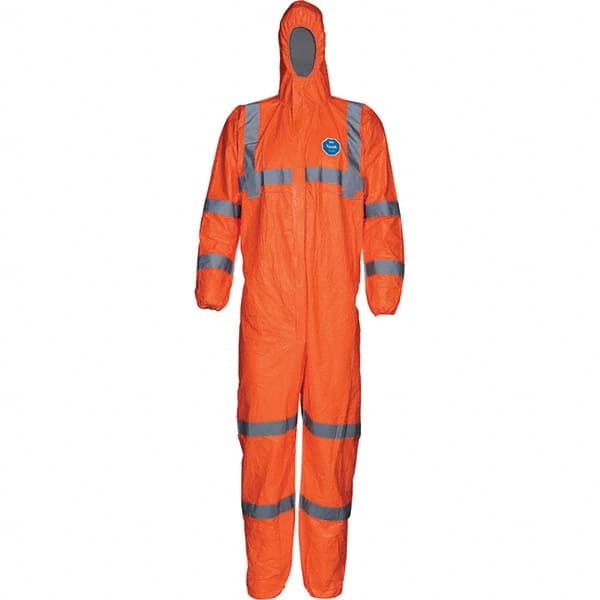 Disposable Coveralls: Size 4X-Large, Tyvek, Zipper Closure Fluorescent Orange, Serged Seam, Elastic Cuff, Elastic Ankle, ISO Non-Cleanroom Class