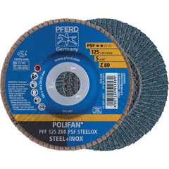 PFERD - Flap Discs; Abrasive Type: Coated ; Flap Disc Type: Type 27 ; Disc Diameter (Inch): 5 ; Abrasive Material: Zirconia Alumina ; Grit: 80 ; Attaching System: Arbor - Exact Industrial Supply