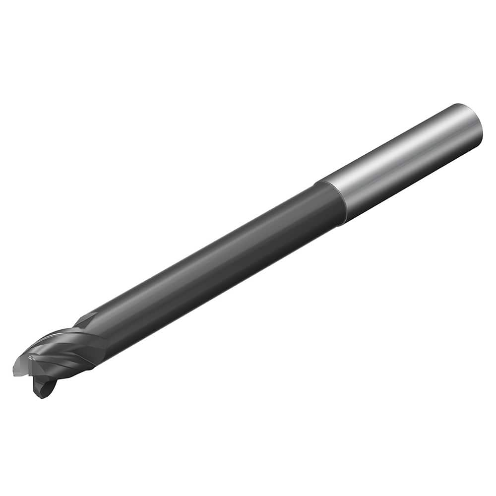 Corner Radius End Mill: 1/4″ Dia, 3/8″ LOC, 0.018″ Radius, 3 Flutes, Solid Carbide 4″ OAL, 1/4″ Shank Dia, 38 ° Helix, AlTiN Coated, Corner Radius End, Centercutting, Series CoroMill Dura