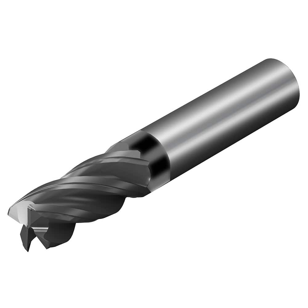 Corner Radius End Mill: 1/8″ Dia, 1/2″ LOC, 0.015″ Radius, 4 Flutes, Solid Carbide 2″ OAL, 1/8″ Shank Dia, 36.5 ° Helix, AlTiN Coated, Corner Radius End, Centercutting, Series CoroMill Dura