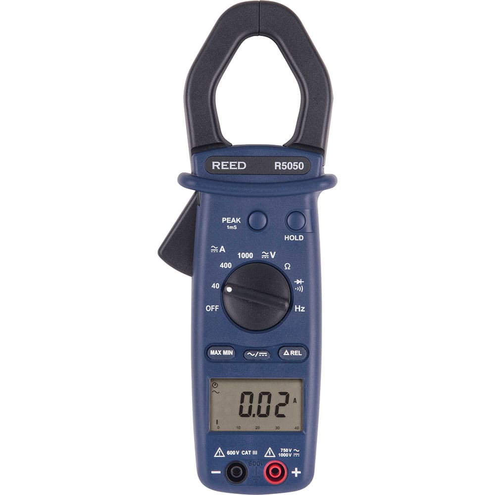 REED Instruments - Clamp Meters; Clamp Meter Type: Auto Ranging ; Measures: Current; Frequency; Resistance; Voltage ; Jaw Style: Clamp On ; Jaw Capacity (Decimal Inch): 1.5000 ; CAT Rating: CAT III ; Maximum DC Voltage: 1000 - Exact Industrial Supply