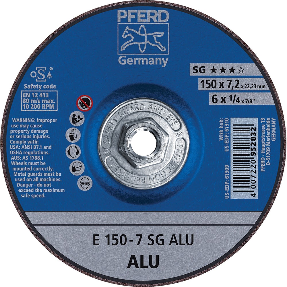 PFERD - Depressed-Center Wheels; Hole Thread Size: 5/8-11 ; Connector Type: Arbor ; Wheel Type Number: Type 27 ; Abrasive Material: Aluminum Oxide/Silicon Carbide ; Maximum RPM: 10200.000 ; Bond Type: Resinoid - Exact Industrial Supply