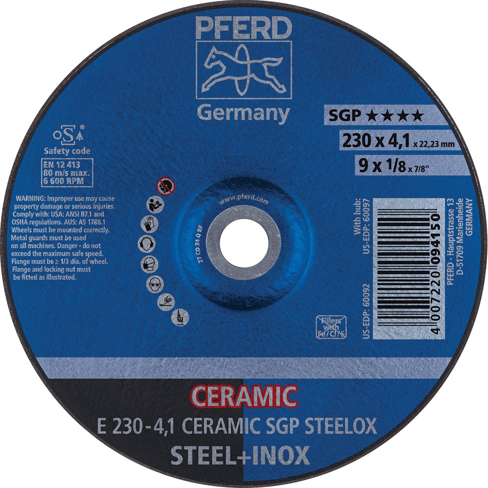 PFERD - Depressed-Center Wheels; Hole Size (Inch): 7/8 ; Connector Type: Arbor ; Wheel Type Number: Type 27 ; Abrasive Material: Ceramic Oxide ; Maximum RPM: 6600.000 ; Grit: 24 - Exact Industrial Supply