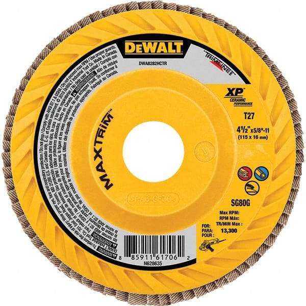 DeWALT - 60 Grit, 5" Disc Diam, Type 27 Ceramic Flap Disc - 12,200 Max RPM, Poly Cotton Backing, Arbor Attaching System, Coated - Benchmark Tooling