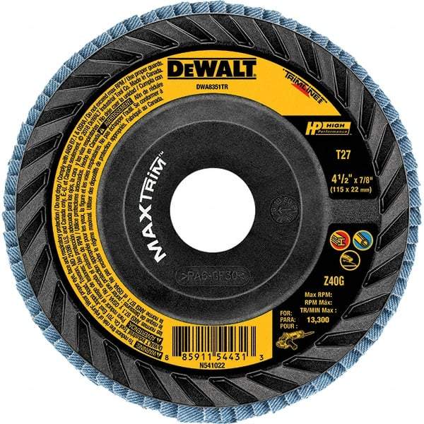 DeWALT - 60 Grit, 4-1/2" Disc Diam, Type 27 Zirconia Alumina Flap Disc - 13,300 Max RPM, Poly Cotton Backing, Arbor Attaching System, Coated - Benchmark Tooling