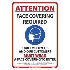 Sign: Rectangle & Square, ″Attention Face Covering Required Our Employees And Our Customers Must Wear A Face Covering To Enter *Except Where Doing So Would Inhibit The Individual'S Health Or Where Individual Is Under 2 Years Old″ Aluminum, 14″ High