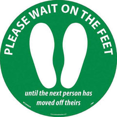 Adhesive Backed Floor Signs; Message Type: COVID-19; Graphic Type: Shoeprints; Message or Graphic: Message & Graphic; Legend: Please Wait On The Feet Until The Next Person Has Moved Off Theirs; Color: White; Green; Special Color Properties: No Special Pro