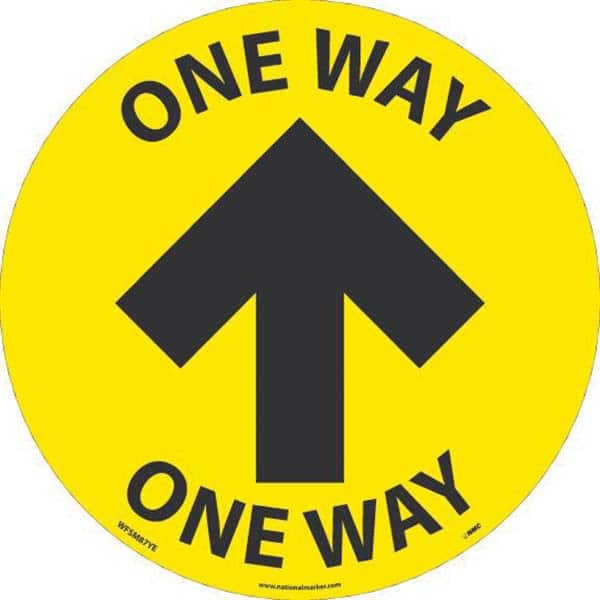 Adhesive Backed Floor Signs; Message Type: COVID-19; Graphic Type: Arrow; Message or Graphic: Message & Graphic; Legend: One Way; Color: Yellow; Black; Special Color Properties: No Special Properties; Material: Vinyl; Shape: Circle; Oval; Language: Englis