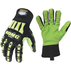 ironCLAD - Size XL (10), ANSI Cut Lvl A1, Abrasion Lvl 5, Cut Resistant Gloves - 11" Long, Uncoated, Polyester Lining, Slip-On Cuff, Black/Green, Paired - Benchmark Tooling