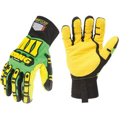 ironCLAD - Size L (9), ANSI Cut Lvl A5, Cut Resistant Gloves - 11" Long, Uncoated, Unlined, Slip-On Cuff, Green/Yellow, Paired - Benchmark Tooling