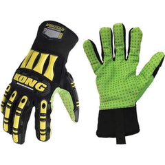 ironCLAD - Size S (7), ANSI Cut Lvl A5, Abrasion Lvl 5, Cut Resistant Gloves - 11" Long, Uncoated, Polyester Lining, Slip-On Cuff, Black/Green, Paired - Benchmark Tooling