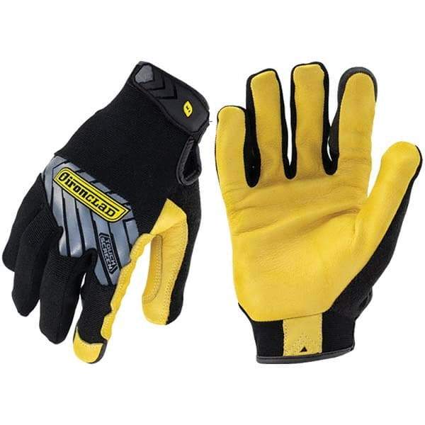 ironCLAD - Size XL (10), ANSI Cut Lvl A1, Abrasion Lvl 3, Cut Resistant Gloves - 9.25" Long, Uncoated, Unlined, Hook & Loop Cuff, Black/Gold, Paired - Benchmark Tooling