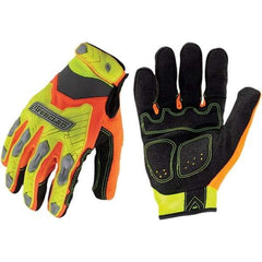ironCLAD - Size XL (10), ANSI Cut Lvl A2, Abrasion Lvl 3, Cut Resistant Gloves - 9.25" Long, Uncoated, Unlined, Hook & Loop Cuff, Hi-Vis Orange/Yellow, Paired - Benchmark Tooling