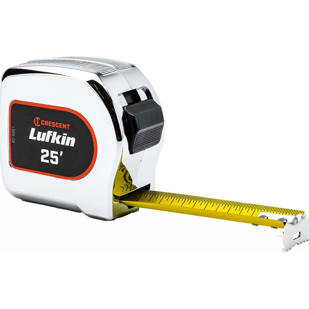 Lufkin - Tape Measures; Length (Feet): 25.000 ; Width (Inch): 1 1/8 ; Graduation (Inch): 1/10; 1/100 ; Graduation (Feet): 1/10; 1/100 ; Blade Material: Steel ; Case Material: Chrome - Exact Industrial Supply