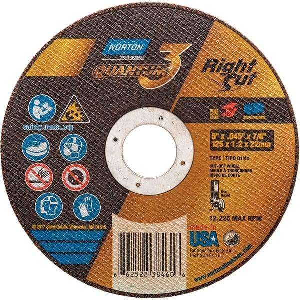 Norton - 5" 46 Grit Ceramic Alumina Cutoff Wheel - 0.045" Thick, 7/8" Arbor, 12,225 Max RPM, Use with Angle Grinders - Benchmark Tooling