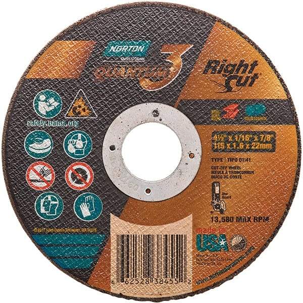 Norton - 4-1/2" 36 Grit Ceramic Alumina Cutoff Wheel - 1/16" Thick, 7/8" Arbor, 13,580 Max RPM, Use with Angle Grinders - Benchmark Tooling