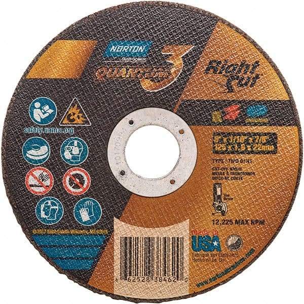 Norton - 5" 36 Grit Ceramic Alumina Cutoff Wheel - 1/16" Thick, 7/8" Arbor, 12,225 Max RPM, Use with Angle Grinders - Benchmark Tooling