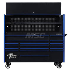 Tool Storage Combos & Systems; Type: Roller Cabinet with Hutch Combo; Drawers Range: 16 Drawers or More; Number of Pieces: 2.000; Width Range: 72″ and Wider; Depth Range: 18″ - 23.9″; Height Range: 60″ and Higher; Color: Combo Black with Blue Trim; Type: