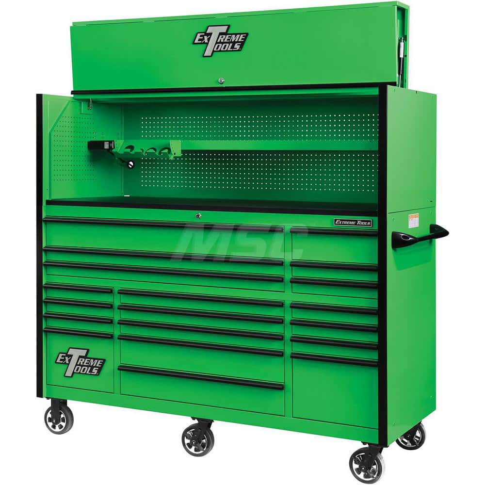 Tool Storage Combos & Systems; Type: Roller Cabinet with Hutch Combo; Drawers Range: 16 Drawers or More; Number of Pieces: 2.000; Width Range: 72″ and Wider; Depth Range: 30″ and Deeper; Height Range: 60″ and Higher; Color: Combo Green with Black Trim; Ty