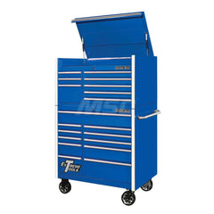 Tool Storage Combos & Systems; Type: Roller Cabinet with Top Chest Combo; Drawers Range: 16 Drawers or More; Number of Pieces: 2.000; Width Range: 36″ - 47.9″; Depth Range: 24″ - 29.9″; Height Range: 60″ and Higher; Color: Combo Blue with Chrome Trim; Typ