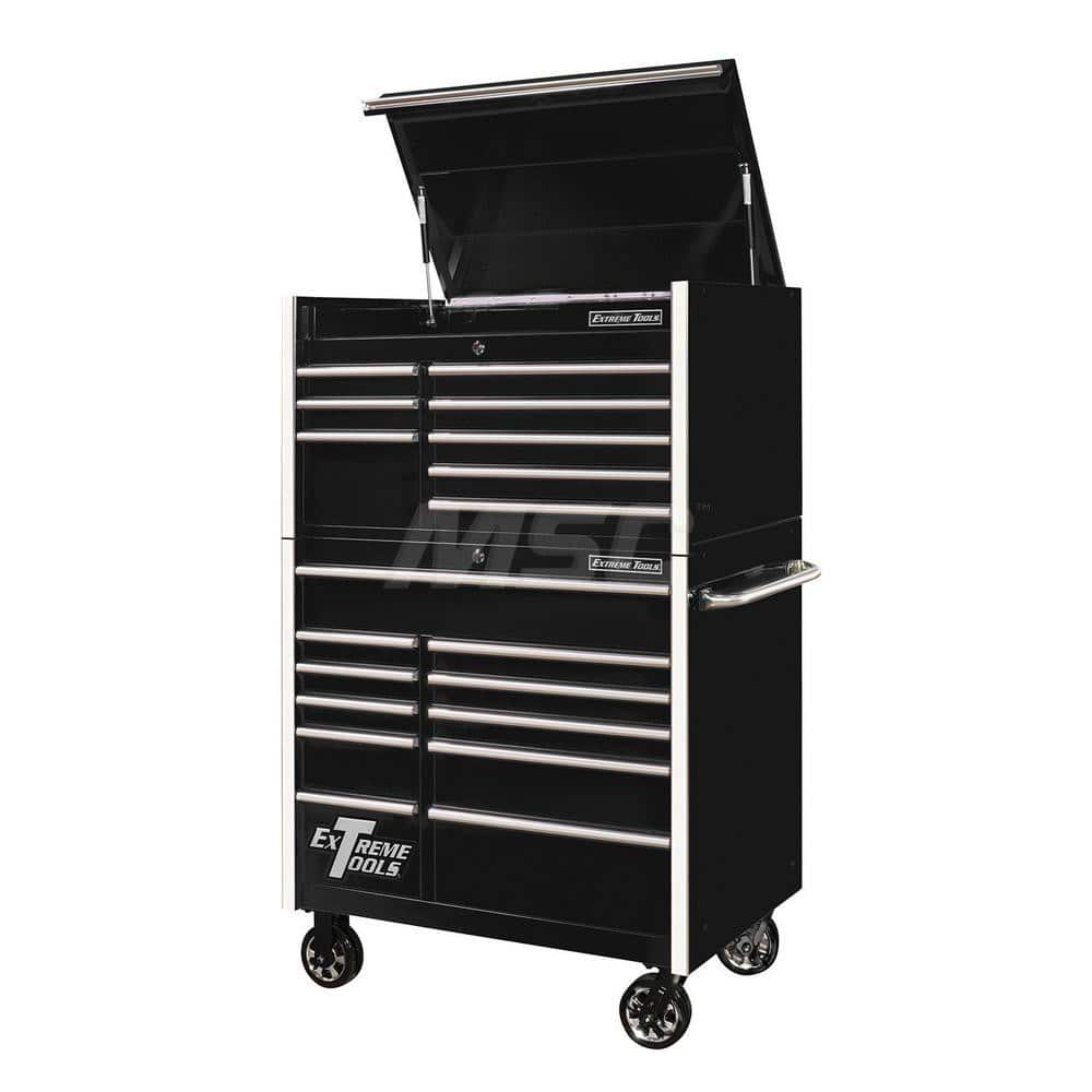 Tool Storage Combos & Systems; Type: Roller Cabinet with Top Chest Combo; Drawers Range: 16 Drawers or More; Number of Pieces: 2.000; Width Range: 36″ - 47.9″; Depth Range: 24″ - 29.9″; Height Range: 60″ and Higher; Color: Combo Black with Chrome Trim; Ty