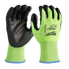 Cut, Puncture & Abrasive-Resistant Gloves: Size XL, ANSI Cut A2, ANSI Puncture 0, Nitrile, Polyurethane High-Visibility Yellow, Palm & Fingers Coated, Polyester Lined, Polyurethane Back, Smooth Grip, ANSI Abrasion 0