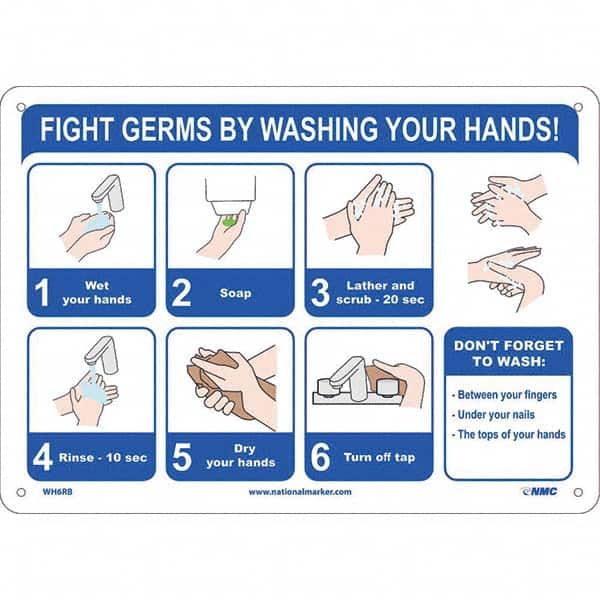 NMC - "Fight Germs By Washing Your Hands!", 14" Wide x 10" High, Rigid Plastic Safety Sign - Benchmark Tooling