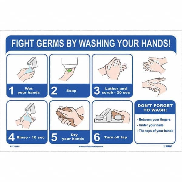 NMC - 1 5-Piece "Fight Germs By Washing Your Hands!", 12" Wide x 18" High, Paper Safety Sign - Benchmark Tooling