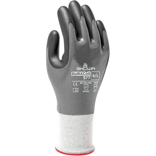 SHOWA - Size L (8), ANSI Cut Lvl A3, Puncture Lvl 2, Abrasion Lvl 4, Nitrile Coated ATA/HPPE Blend Cut & Puncture Resistant Gloves - Fully Coated Coated, DURACoil Lining, Knit Wrist, Gray/White, Paired - Benchmark Tooling