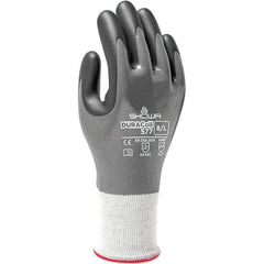 SHOWA - Size L (8), ANSI Cut Lvl A3, Puncture Lvl 2, Abrasion Lvl 4, Nitrile Coated ATA/HPPE Blend Cut & Puncture Resistant Gloves - Fully Coated Coated, DURACoil Lining, Knit Wrist, Gray/White, Paired - Benchmark Tooling