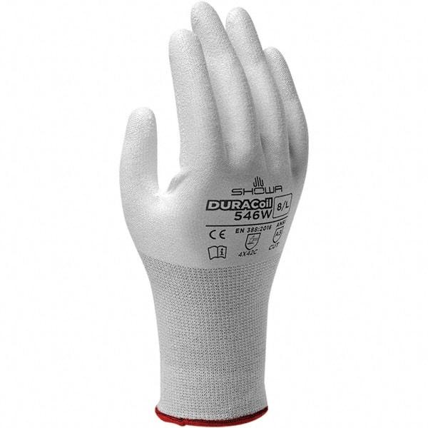 SHOWA - Size XL (9), ANSI Cut Lvl A3, Puncture Lvl 2, Abrasion Lvl 4, Polyurethane Coated ATA/HPPE Blend Cut & Puncture Resistant Gloves - Palm & Fingers Coated, DURACoil Lining, Elastic Knit Cuff, White, Paired - Benchmark Tooling